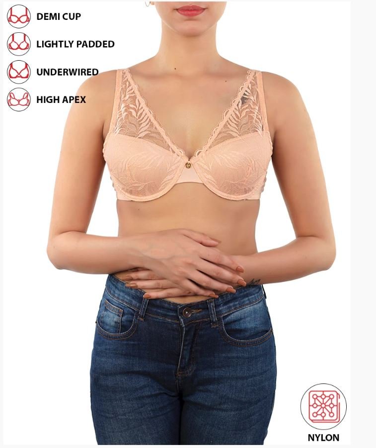 DEMI CUP HIGH APEX FEATHER LIGHT PADDED LACE CUP BRA-ROSE CLOUD