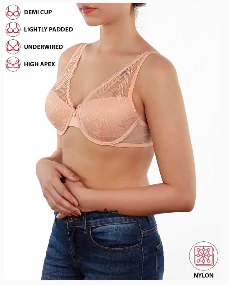 DEMI CUP HIGH APEX FEATHER LIGHT PADDED LACE CUP BRA-ROSE CLOUD