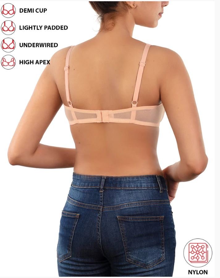 DEMI CUP HIGH APEX FEATHER LIGHT PADDED LACE CUP BRA-ROSE CLOUD