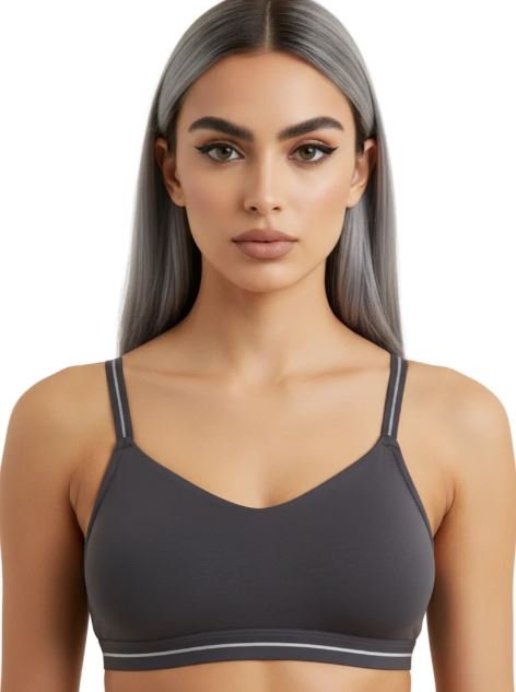 DOUBLE LAYERED COTTON WIREFREE BRA WITH GLITTER ELASTIC WAIST BAND -GREY