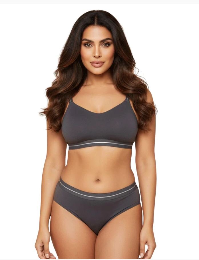 DOUBLE LAYERED COTTON WIREFREE BRA WITH MATCHING PANTY -GREY
