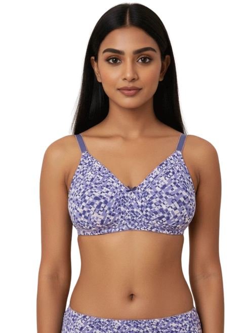 DOUBLE LAYERED FULL COVERAGE COTTON WIREFREE BRA WITH DIAMOND GEOMETRIC-PURPLE PRINT