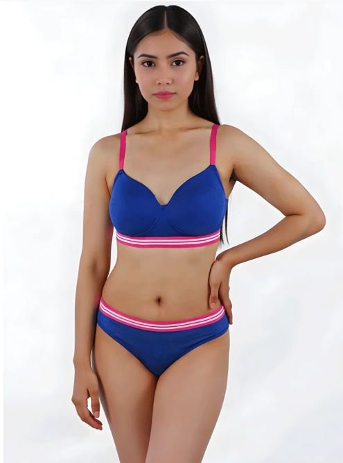 LIGHTLY PADDED NON WIRED TSHIRT BRA WITH MATCHING PANTY-BLUE