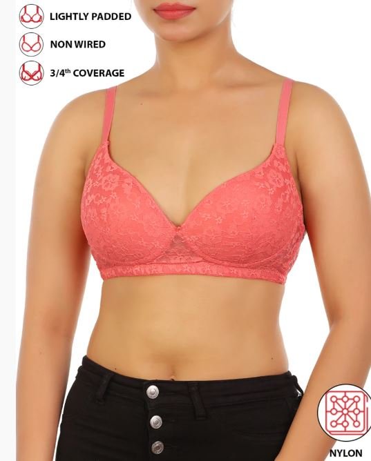 LIGHTLY PADDED WIRE-FREE 3/4TH COVERAGE ALL OVER LACE BRA- GEORGIA PEACH