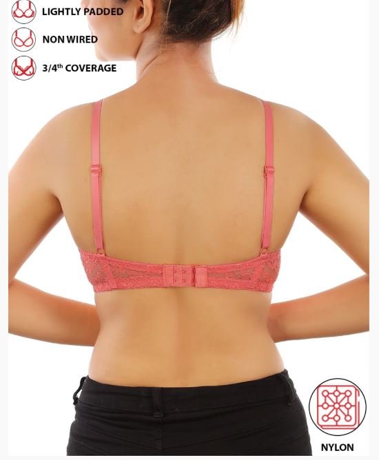 LIGHTLY PADDED WIRE-FREE 3/4TH COVERAGE ALL OVER LACE BRA- GEORGIA PEACH