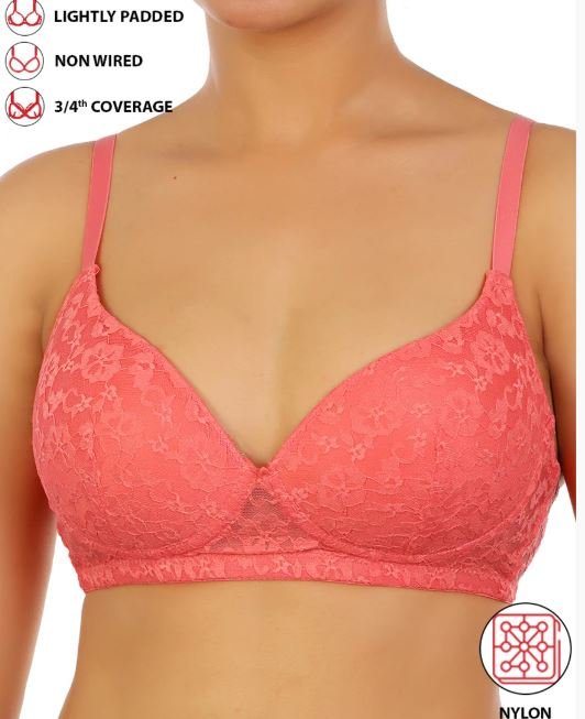 LIGHTLY PADDED WIRE-FREE 3/4TH COVERAGE ALL OVER LACE BRA- GEORGIA PEACH