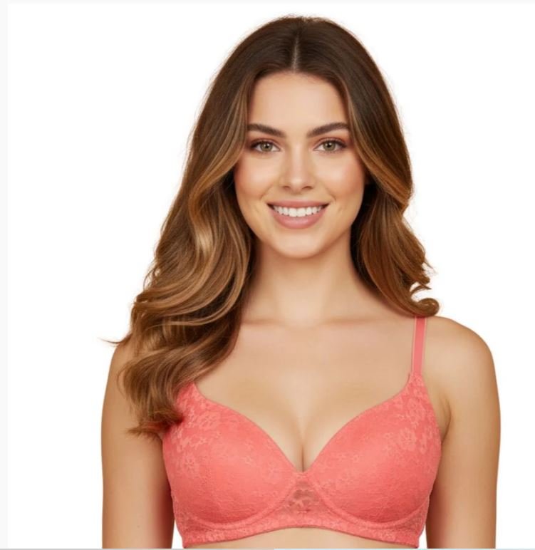 LIGHTLY PADDED WIRE FREE 34TH COVERAGE ALL OVER LACE BRA GEORGIA PEACH