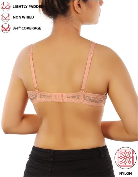LIGHTLY PADDED WIRE-FREE 34TH COVERAGE ALL OVER LACE BRA- SALMON
