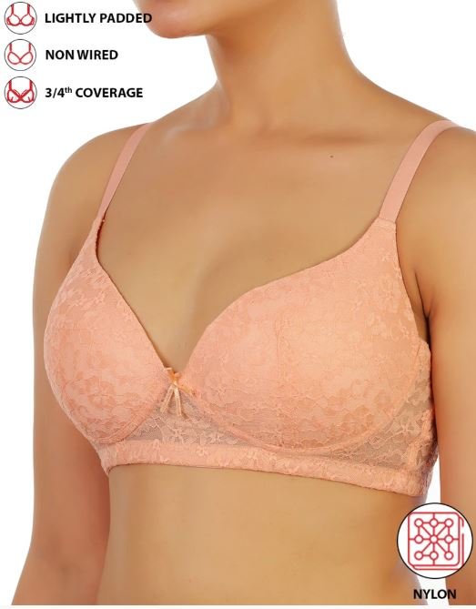 LIGHTLY PADDED WIRE-FREE 34TH COVERAGE ALL OVER LACE BRA- SALMON