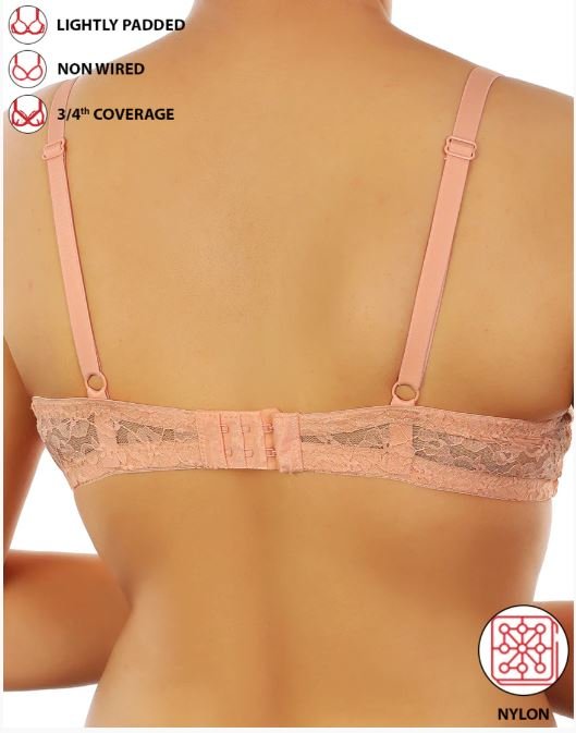 LIGHTLY PADDED WIRE-FREE 34TH COVERAGE ALL OVER LACE BRA- SALMON