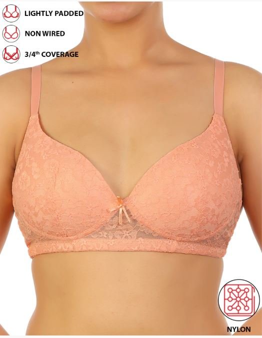 LIGHTLY PADDED WIRE-FREE 34TH COVERAGE ALL OVER LACE BRA- SALMON