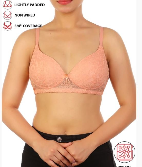 LIGHTLY PADDED WIRE-FREE 34TH COVERAGE ALL OVER LACE BRA- SALMON
