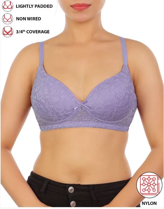 LIGHTLY PADDED WIRE-FREE 3/4TH COVERAGE ALL OVER LACE BRA- VOILET TULIP