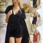 3 Pcs Sexy Slik Short Nighty With Gown - 7606