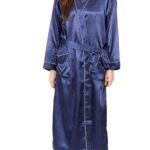Blue Solid Satin Long Night Gown