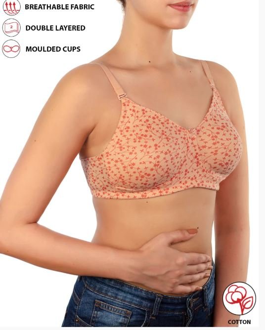 COTTON DOUBLE LAYERED NON WIRED PRINTED BRA -SALMON