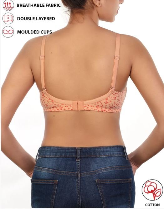 COTTON DOUBLE LAYERED NON WIRED PRINTED BRA -SALMON