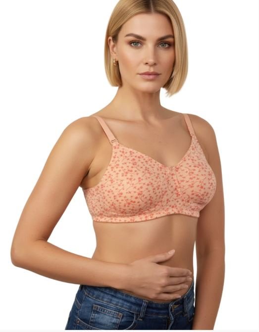 COTTON DOUBLE LAYERED NON WIRED PRINTED BRA -SALMON