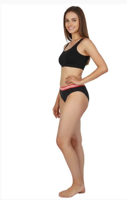 Cotton Low Waist Bikini Brief with Striped Elastic Waistband – Black