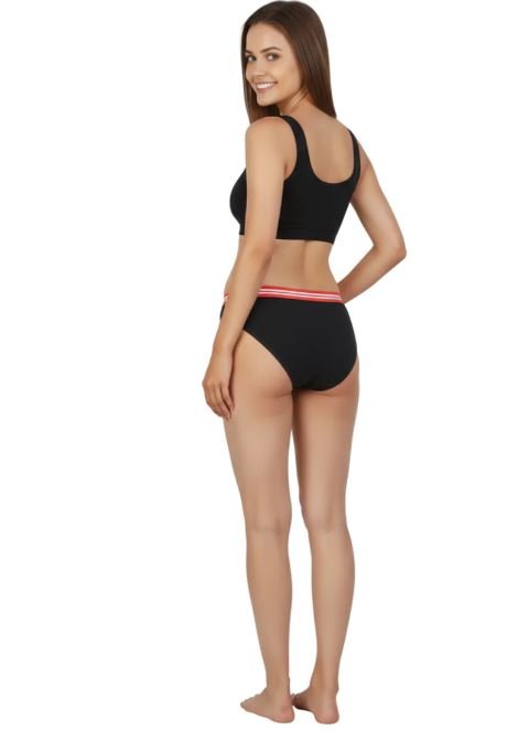 Cotton Low Waist Bikini Brief with Striped Elastic Waistband – Black