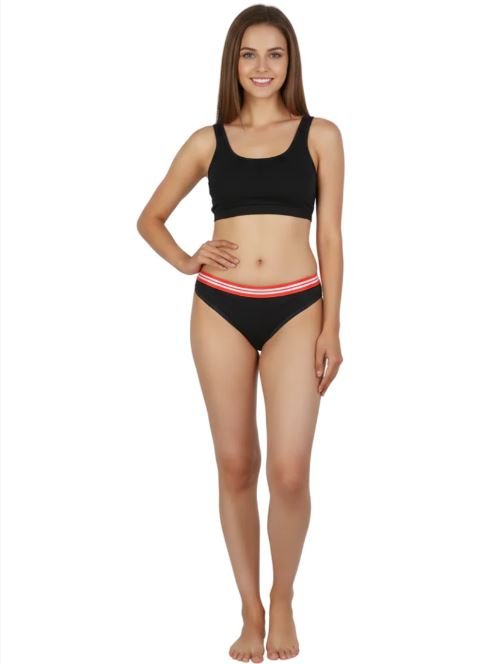 COTTON LOW WAIST BIKNI BREIF WITH STRIPED ELASTIC WAIST BAND-BLACK