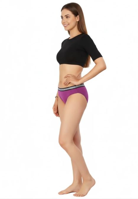COTTON LOW WAIST BIKNI BREIF WITH STRIPED ELASTIC WAIST BAND-PURPLE