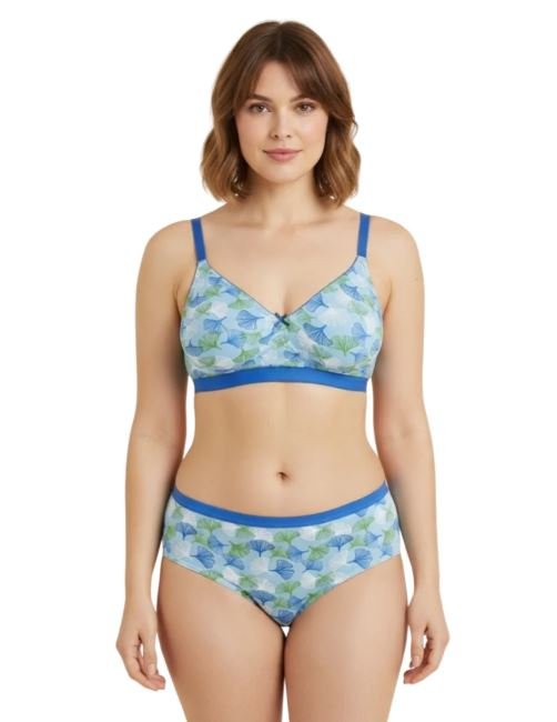 DOUBLE LAYERED COTTON WIREFREE BRA WITH MATCHING PANTY-BLUE