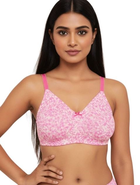 DOUBLE LAYERED FULL COVERAGE COTTON WIREFREE BRA WITH DIAMOND GEOMETRIC-PINK PRINT