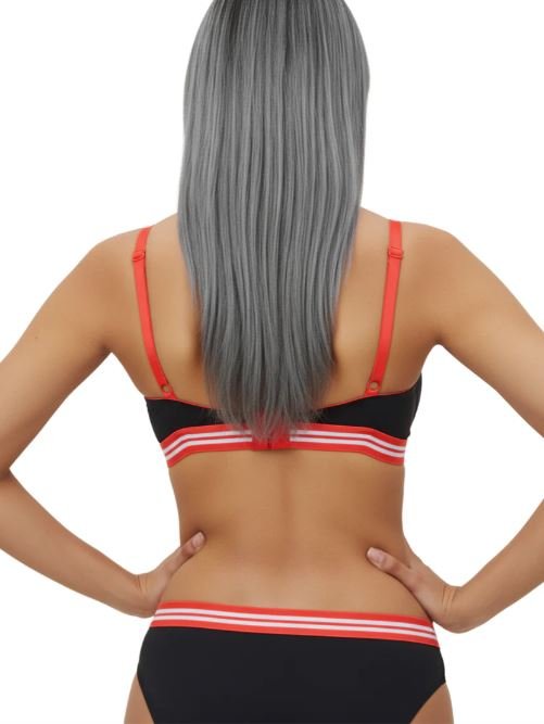 LIGHTLY PADDED NON WIRED TSHIRT BRA WITH STRIPED ELASTIC WAIST BAND-BLACK