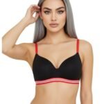 LIGHTLY PADDED NON WIRED TSHIRT BRA WITH STRIPED ELASTIC WAIST BAND-BLACK