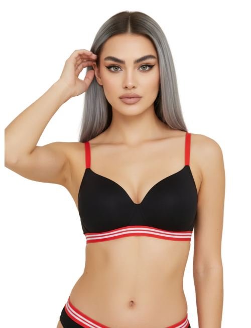 LIGHTLY PADDED NON WIRED TSHIRT BRA WITH STRIPED ELASTIC WAIST BAND-BLACK