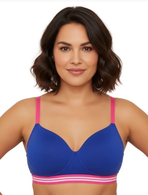 LIGHTLY PADDED NON WIRED TSHIRT BRA WITH STRIPED ELASTIC WAIST BAND-BLUE