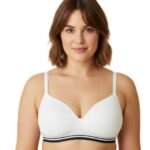 LIGHTLY PADDED NON WIRED TSHIRT BRA WITH STRIPED ELASTIC WAIST BAND-WHITE
