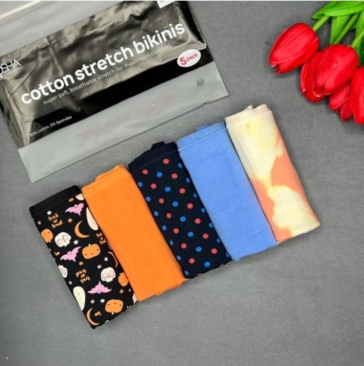 PACK OF 5 SUPER SOFT COTTON STRETCH PRINTED BIKINI BRIEFS -PUMPKIN