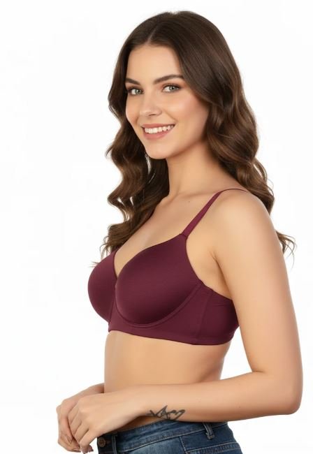 SIDE SMOOTHING BIO WASHED ANTI BACTERIAL COTTON WIRELESS T-SHIRT BRA-MAROON