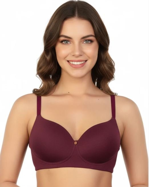 SIDE SMOOTHING BIO WASHED ANTI BACTERIAL COTTON WIRELESS T-SHIRT BRA-MAROON