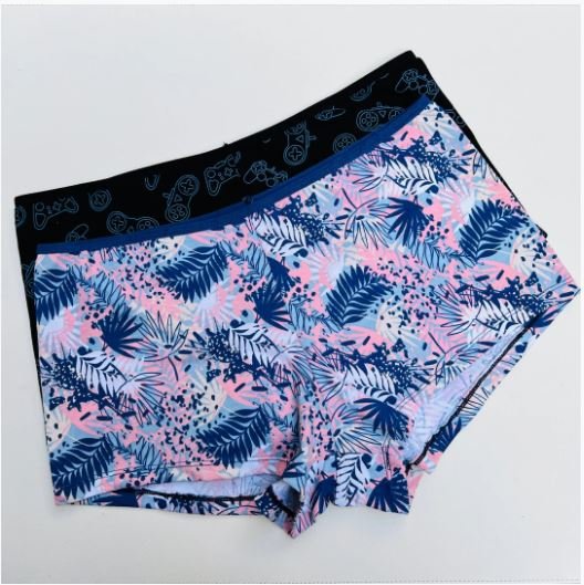 SUPER SOFT PACK OF 2 BOY SHORTS COTTON BRIEFS-GAME BLACK+LEAF PRINT