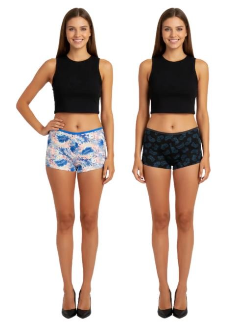 SUPER SOFT PACK OF 2 BOY SHORTS COTTON BRIEFS-GAME BLACK+LEAF PRINT