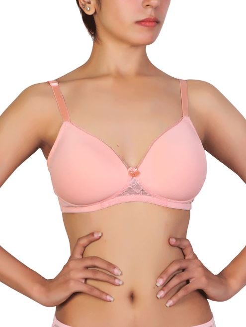 Wireless Go To T-Shirt Bra With a Touch Of Lace-PEACH PEARL