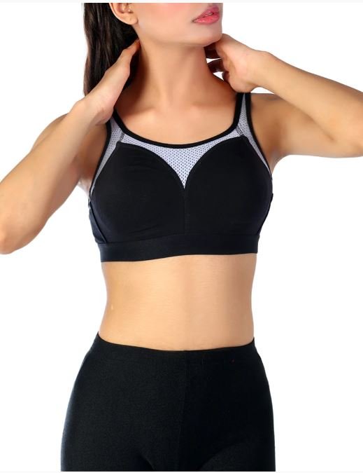 cotton double layered medium to high impact sports bra-Black